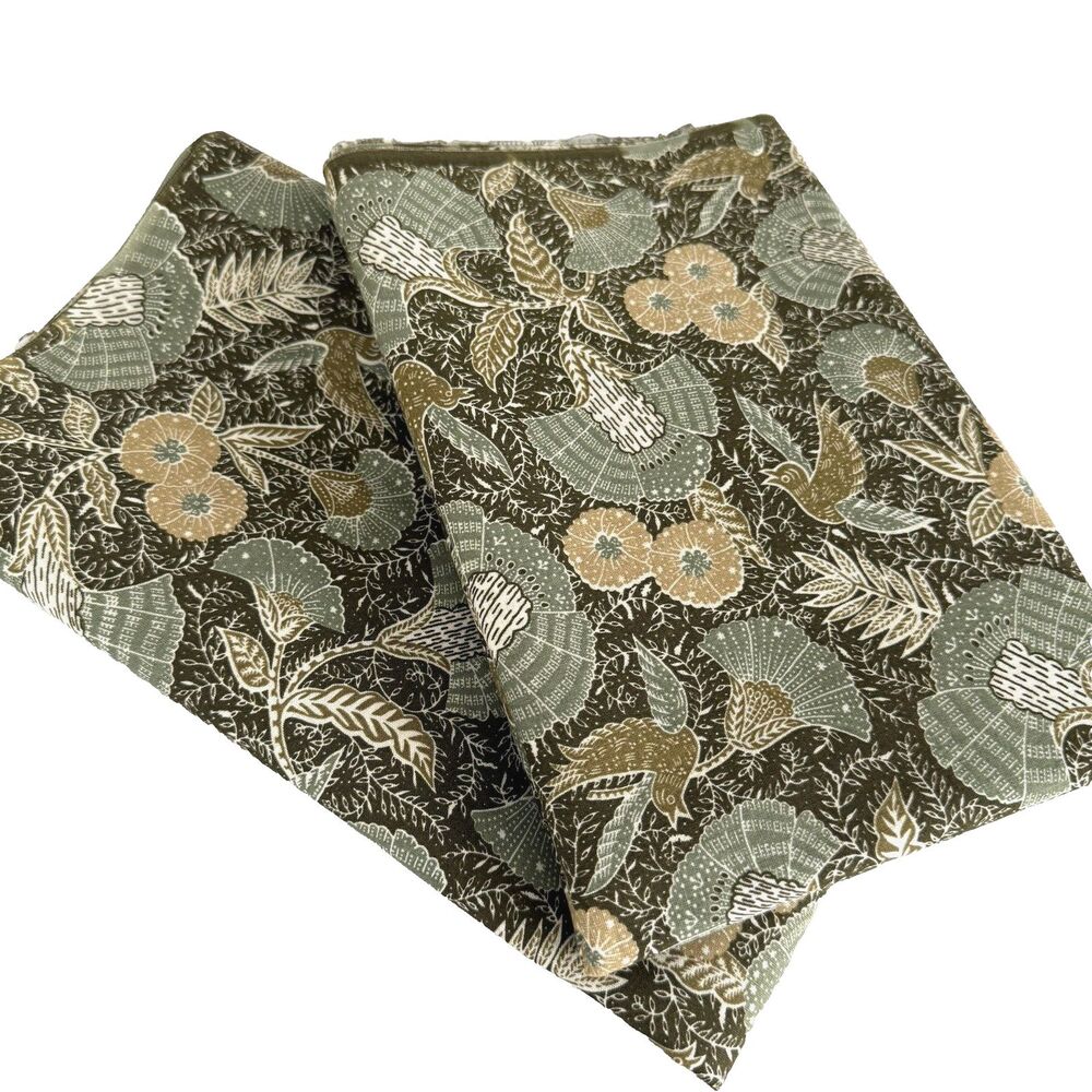 Vtg Earth Tones Bird Floral Brown Green Taupe Indonesian Style Quilt Fabric 2pc